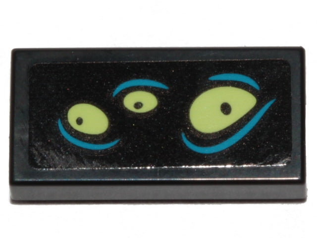 Black LEGO 1x2 tile with three yellowish green eyes and dark azure lines pattern.