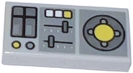 LEGO 1x2 tile with vehicle control panel print: displays, silver sliders, and yellow buttons on dark bluish gray panels.