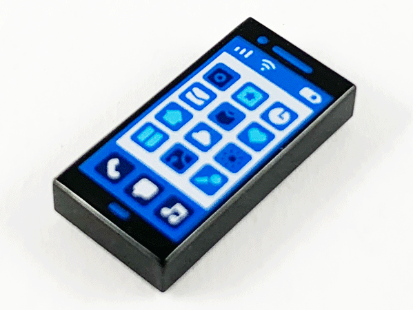 LEGO 1x2 tile with a blue and white smartphone screen, showing app icons and signal bars, on a white background.