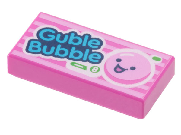 Pink LEGO 1x2 tile with 'Guble Bubble' text, white 8 in green circle, and bright pink bubble with a smiling face.