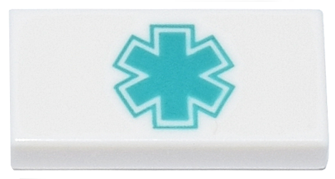 White LEGO 1x2 tile with a dark turquoise EMT Star of Life medical symbol pattern.