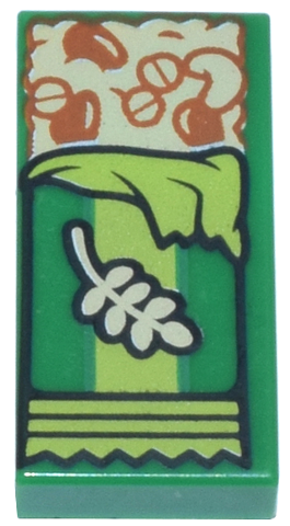 LEGO Tile 1x2 with tan granola bar, reddish-brown grains and seeds, and lime green wrapping pattern.