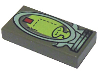 A gray LEGO 1x2 tile with a printed elliptical display showing a green and red pattern, characteristic of the Life on Mars theme.