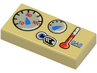 Tan LEGO 1x2 tile with printed car dashboard gauges pattern: speed, small gauge, ignition, and gas thermometer labeled 'GAS'.