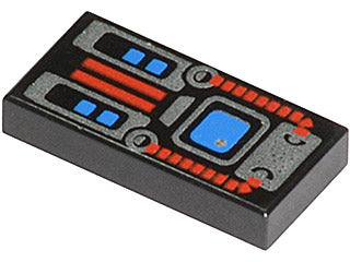 A black LEGO 1x2 tile with a Spyrius blue screen, silver, and red panel pattern printed on its top surface.