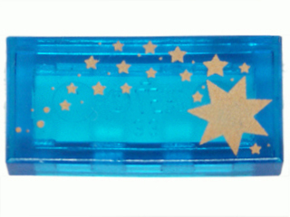 LEGO 3069px39 blue 1x2 tile with gold stars pattern.