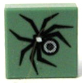Green LEGO 1x1 tile with black spider pattern, including a white dot on its cephalothorax and a detailed eye-like design on its abdomen.