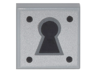 LEGO Tile 1 x 1 with a black keyhole and four black dots on a silver background pattern.