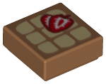 Brown LEGO 1x1 tile featuring a waffle pattern with two sliced strawberries on top.