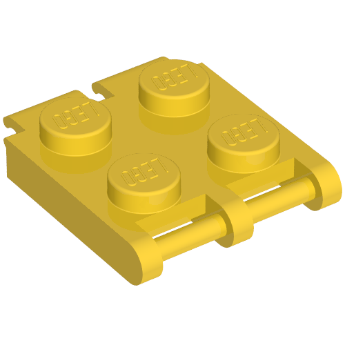 Yellow LEGO 312c Scala Jewelry Plate, Modified 2 x 2, with four studs and a connecting bar on one side.