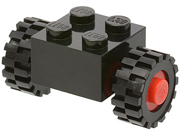 LEGO 3137c01assy2 - Brick, Modified 2 x 2 with Red Wheels for Single Tire with Black Tires 15mm D. x 6mm Offset Tread Small (3137c01 / 3641)