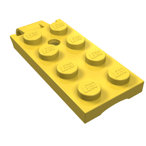 A yellow LEGO 314 Hinge Plate 2 x 4 Top with eight studs, featuring a hinge mechanism on one end.