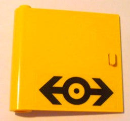 Yellow LEGO Door 1x5x4 left, with a black train logo and a U-shaped handle on the right.