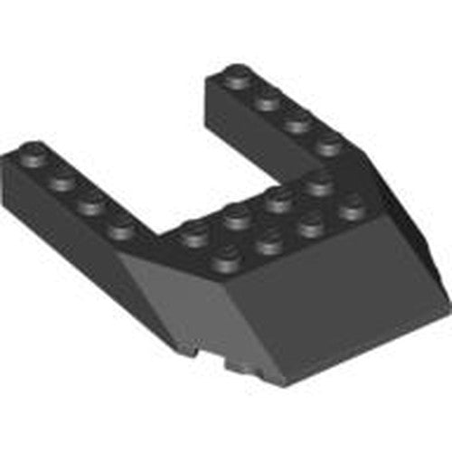 Black LEGO 32084 Wedge 6 x 8 Cutout plate, viewed from an angle on a white background.