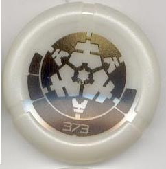 A white LEGO throwing disk with a metallic Bionicle Kanoka 373 Po-Metru pattern printed in the center.