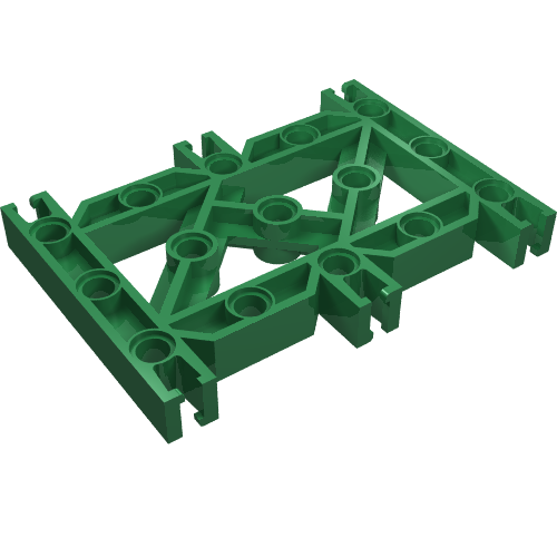 A green LEGO 32213 Znap Grid 9 x 7 with 15 holes, a flat rectangular plate with an open frame design.