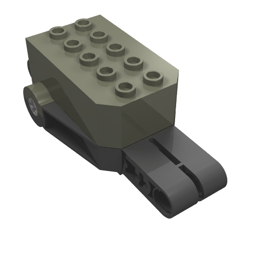 LEGO 32283c01 Pullback Motor with olive green 2x5 plate top, black base, wheel, and extending liftarms.