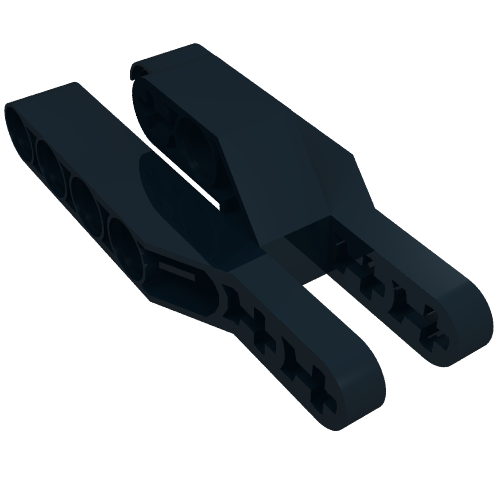 Black LEGO Technic modified fork liftarm, part 32308, 3x7x2 with three fingers and pinholes, angled view.