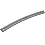 A single light gray curved LEGO train track rail, featuring slots along its inside edge for connections.