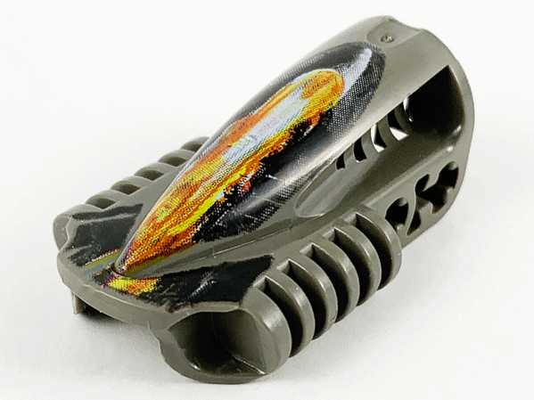 Dark gray LEGO Technic Block 3 x 5 x 1 2/3 with a fiery orange, yellow, and white RoboRider The Boss pattern.