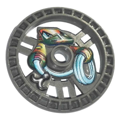 Gray LEGO Technic 5x5 disk (32354pb01) with a colorful RoboRider Talisman Wheel pattern featuring a robot and rope.