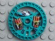 Teal LEGO Technic 5x5 disk, RoboRider Talisman Wheel, with robot face and dynamite pattern.