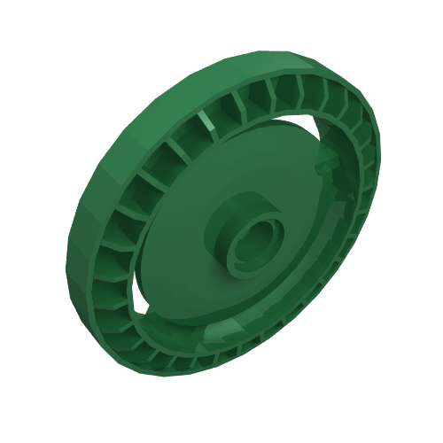 Dark green LEGO Technic Disk 5 x 5, notched on the inner edge of the rim, without a pin connection.