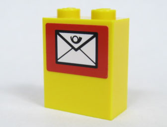 Yellow LEGO brick 1x2x2 with mail envelope and post horn symbol sticker on a red frame.