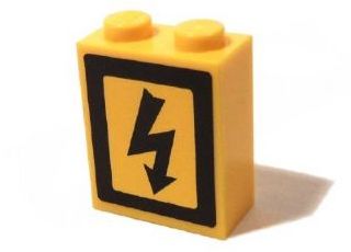 Yellow LEGO 1x2x2 brick with two studs on top, featuring a black electricity danger sign (lightning bolt) pattern on its side.