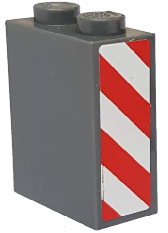 Dark gray LEGO 1x2x2 brick with two studs and red and white diagonal danger stripes on one side.