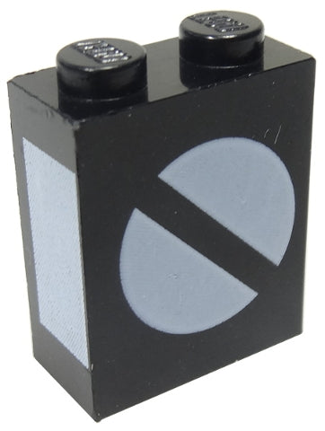 Black LEGO 1x2x2 brick with axle holder, featuring a white 'no' symbol pattern on the front and a white rectangular pattern on the side.