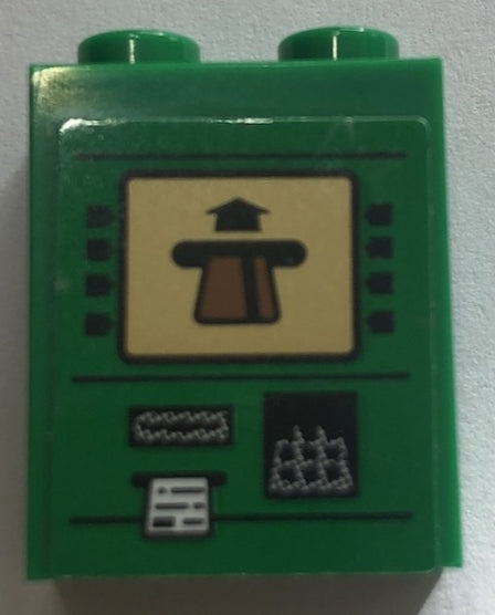 Green LEGO 1x2x2 brick with inside stud holder, featuring ATM sticker: screen with card, keypad, cash slot, and receipt.