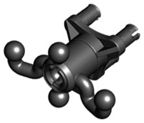 Dark gray LEGO Technic steering arm with four tow balls, a triangular wheel hub, and two pin connections.