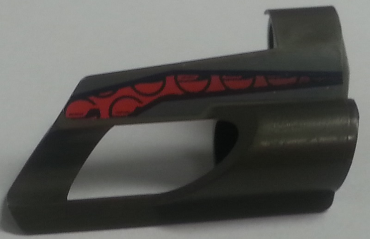 Dark gray LEGO Technic Panel Fairing #5 with a large side hole and red and black semi-circle pattern on top.