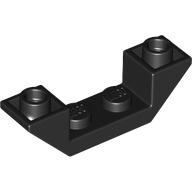 Black LEGO part 32802, a Slope, Inverted 45 4 x 1 Double brick with two stud sections and an angled body.