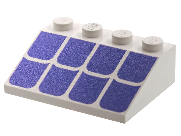 White LEGO Slope 33 3x4 brick with a textured violet roof tiles pattern printed on the sloped surface, four studs.