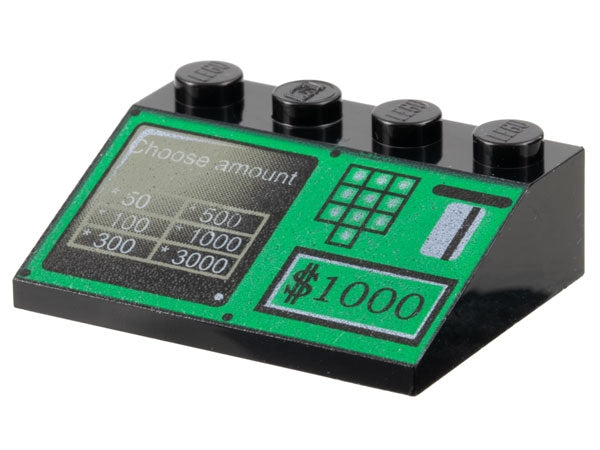 LEGO 3297px16 - Helling 33 3 x 4 met groene ATM Bank Machine met kaartslot, toetsenbord, '$1000' en scherm met 'Choose amount' patroon