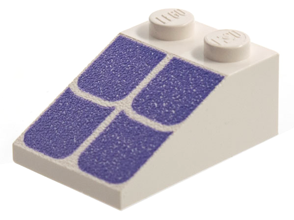 White LEGO slope 33 3x2 brick with two studs, featuring a textured violet roof tiles pattern on its sloped surface.