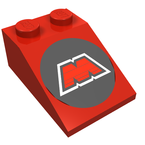 Red LEGO Slope 33 3x2 brick with two studs, featuring a grey circular M:Tron logo on the sloped side.