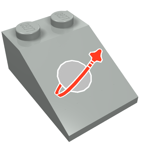 Light grey LEGO 3x2 33-degree slope brick with two studs, featuring a classic red and white Space logo pattern.
