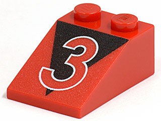Red LEGO 3x2 slope brick with two studs, featuring a white outlined number 3 on a black triangle pattern.