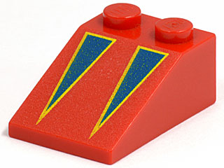 Red LEGO 33-degree 3x2 slope brick with two studs and a pattern of two blue triangles with yellow borders.