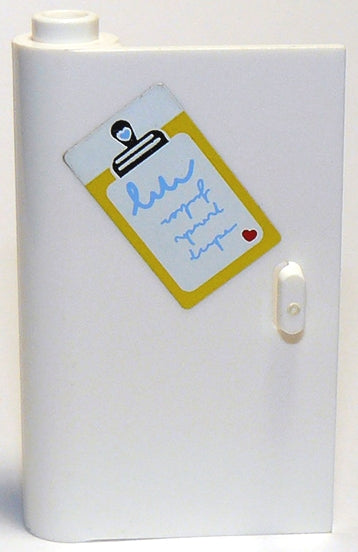 White LEGO door (part 58381pb06) featuring a yellow clipboard sticker with blue script and a red heart. Has a white handle.