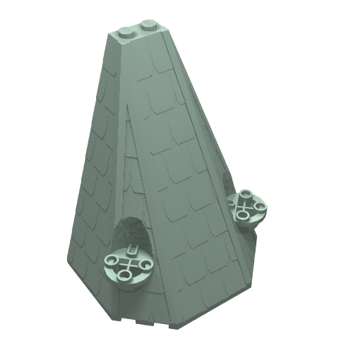 Light grey LEGO tower roof piece 33215, 6x8x9, with tiled sides, two bottom openings, and two studs on top.