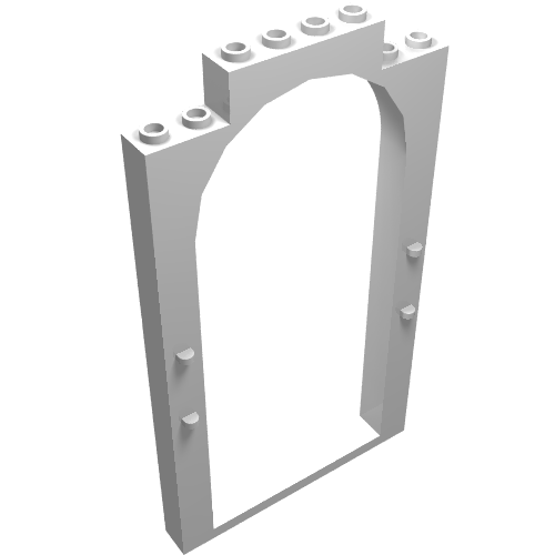 White LEGO 33227 arched door frame 1x8x12. It features studs on top and small pins on the vertical sides.