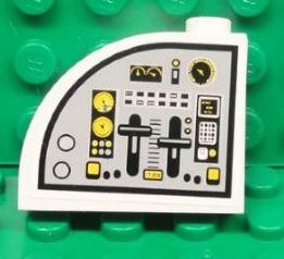 White LEGO curved slope brick, 3x1x2, with a detailed sticker depicting the left side of a flight control panel, including gauges and levers.