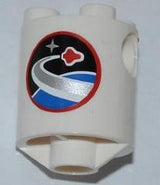 White LEGO round 2x2x2 robot body brick with a black-rimmed Space Center logo featuring a red rocket, star, and curved path.