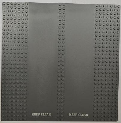 Dark gray LEGO 32x32 road baseplate with 7-stud straight sides, double driveway, and two 'KEEP CLEAR' patterns.