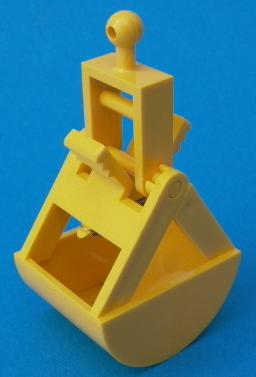 LEGO part 3489c01: a yellow crane bucket with a spring and handle, on a solid blue background.