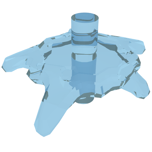 Translucent blue LEGO Power Burst, Shield Small with Bar Ends (part 35032f) against white.